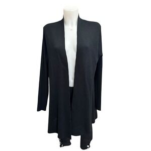 Eileen Fisher Black Knit Open Front long Cardigan Silk Cotton Interlock sz L NEW